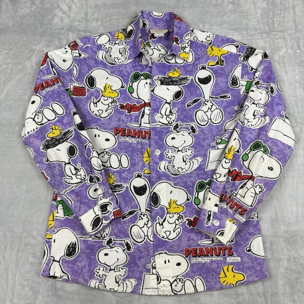 Vintage Peanuts Snoopy Purple All Over Print Shirt Clews Cloth Button Up Wmns S